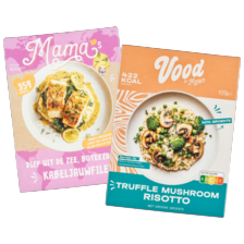 Mama's maaltijden kabeljauw, zweedse balletjes, Vood Risotto boschampignon of no chicken sate